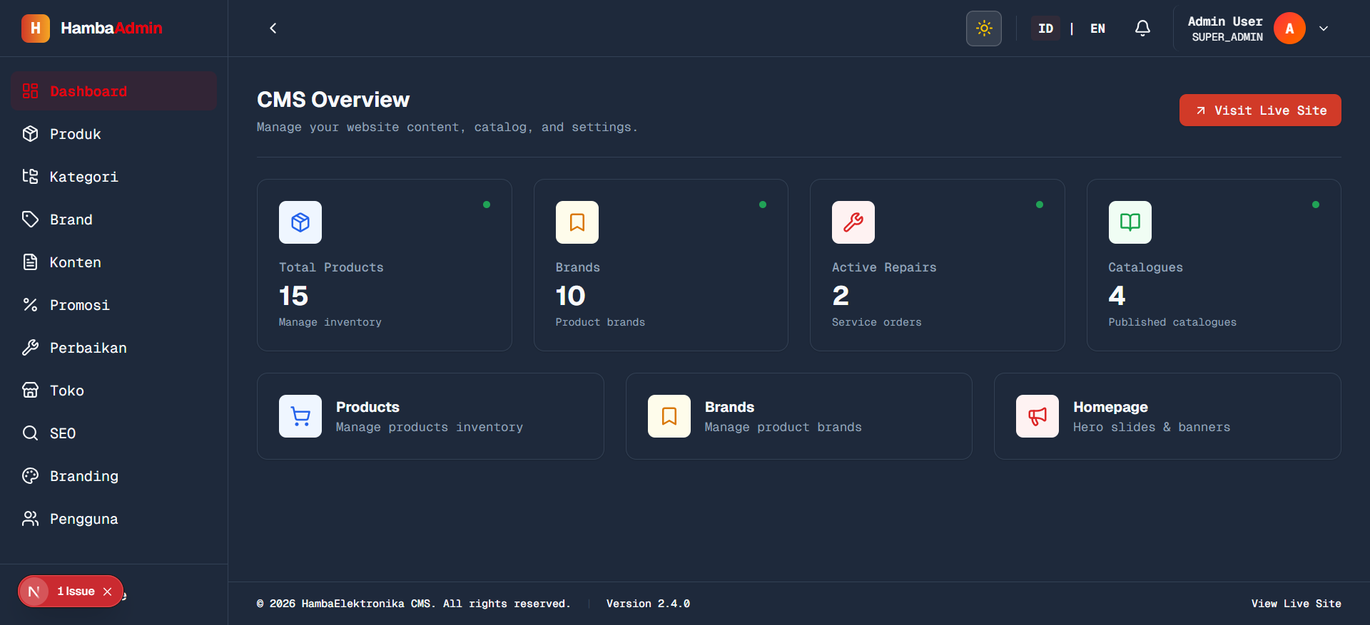 E-Catalog admin dashboard showing product management interface